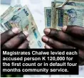  ?? ?? Magistrate­s Chalwe levied each accused person K 120,000 for the first count or in default four months community service.