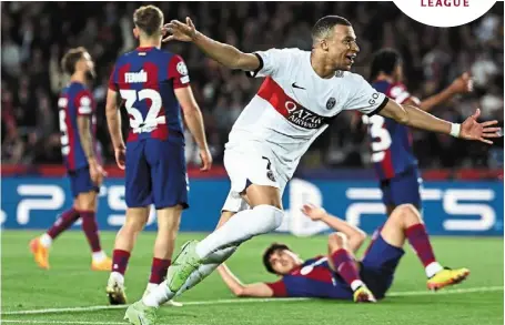  ?? afp ?? Killer instinct intact: paris st Germain’s Kylian Mbappe celebrates after scoring the fourth goal in the 4-1 win over Barcelona in their Champions league quarter-final second leg match. —