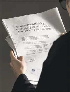  ?? Jason Alden / Bloomberg ?? Facebook recently took out ads in U.S. and British newspapers apologizin­g for not doing more to prevent customer data leaks.