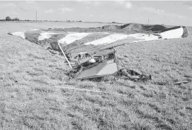  ?? National Transporta­tion Safety Board ?? This photo from the National Transporta­tion Safety Board shows the envelope and attached burner frame from the balloon that crashed last July near Maxwell.