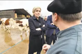  ?? Pascal Pavani / AFP / Getty Images ?? Marine Le Pen, presidenti­al candidate from the National Front party, speaks with a farmer while campaignin­g in the southern town of Cambes, France.