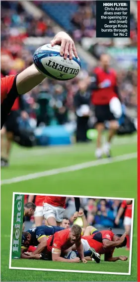  ??  ?? HIGH FLYER: Chris Ashton dives over for the opening try and (inset) George Kruis bursts through for No 2