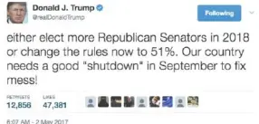  ??  ?? President Donald Trump talks about a good “shutdown” of the government to fix the Senate.