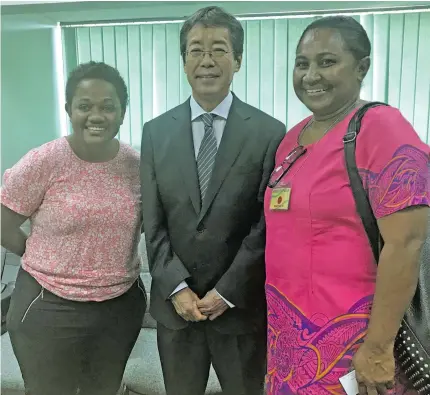  ?? Photo: Nacanieli Tuilevuka. ?? From left: Suva NDS Ex-scholar president Sera Raisulu, Chargé d’Affaires ad interim Tsuguyoshi Hada and Nasekula District School head teacher Sisilia Cokanauto at the Embassy of Japan ,Suva on March 12.