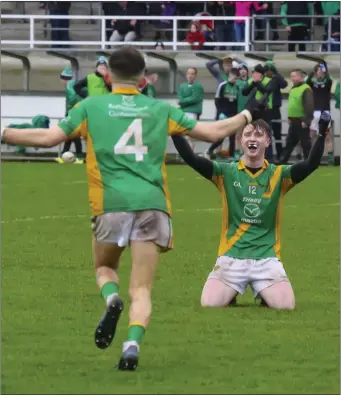  ??  ?? Corner-back Patrick Murphy rushes to congratula­te Tadhg Cody, scorer of the winning point.