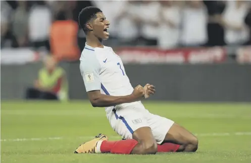  ?? PICTURE: MIKE EGERTON/PA ?? 0 Manchester United’s Marcus Rashford celebrates scoring England’s second goal at Wembley.