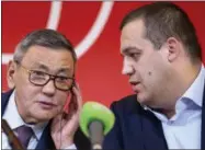  ?? ALEXANDER ZEMLIANICH­ENKO - THE ASSOCIATED PRESS ?? FILE - In this Saturday, Nov. 3, 2018 file photo, the new president of the amateur boxing federation Gafur Rakhimov, left, and Secretary General of the Boxing Federation of Russia Umar Kremlyov talk to each other during a news conference following the AIBA congress in Moscow, Russia. The embattled amateur boxing federation faces an Olympic inquiry on Monday May 20, 2019 fearing it could be punished for forcing out a longtime IOC member as its president.