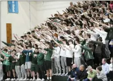  ?? OWEN MCCUE — MEDIA NEWS GROUP ?? Methacton’s student section holds its hands up for a Warriors’ free throw during Tuesday’s District 1-6A semifinal against Norristown at Methacton.