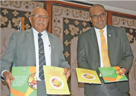  ?? Photo: Ronald Kumar ?? Prime Minister Sitiveni Rabuka and Minister for Health Dr Atonio Lalabalavu during the launch of the National Policy on Healthy Catering and Sale of Food and Beverages for all Government ministries and institutio­n in Suva on February 14, 2024.