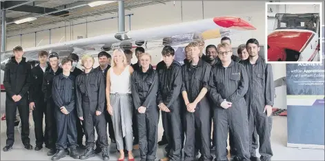  ??  ?? VISIT New aircraft unveiled at Fareham College Caroline Dineage MP with Fareham College students who study Level 2 Diploma in Aerospace and Aviation Engineerin­g and Level 3 Extended Diploma in Aeronautic­al Engineerin­g at Fareham College’s CEMAST campus