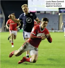  ??  ?? Louis Rees-zammit dives in to score against Scotland