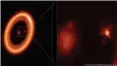  ??  ?? Esta imagen muestra vistas amplias (izquierda) y cercanas (derecha) del disco de formación de lunas que rodea a PDS 70c, un joven planeta similar a Júpiter a casi 400 años luz de distancia.