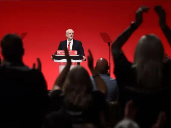  ?? (AFP) ?? Jeremy Corbyn gets a standing ovation at the end of his keynote speech in Liverpool yesterday