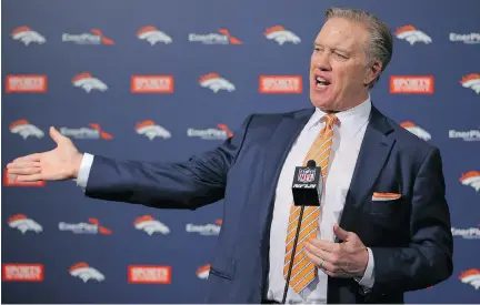  ?? GETTY IMAGES FILES ?? John Elway, executive vice- president of football operations and general manager of the Denver Broncos, has been an active participan­t in free agency, which begins for NFL teams on Tuesday. Elway signed the biggest free agent ever in quarterbac­k Peyton...