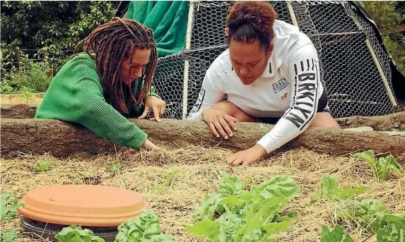  ??  ?? Kai Oranga tutor Tara Lee Manu explores Dee Turner’s New Plymouth garden with Kelly Marie Francis during the Sustainabl­e Backyards Trail.