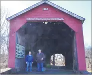  ?? BOB KEELER - MEDIANEWS GROUP FILE PHOTO ?? Perkasie Historical Society members Jerry Treffinger and Lee Metzger stand in the South Perkasie Covered Bridge in February of 2020.