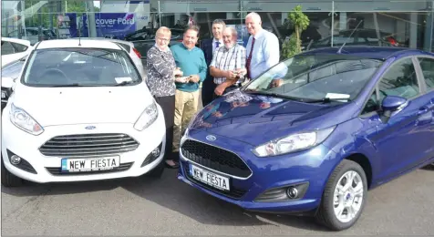  ??  ?? Bolands Wexford supplied three new Fiestas to the three monthly Model County Developmen­t Draw winners (from left): Margaret Doyle (County G.A.A. Secretary), Aidan O’Neill (April winner), Enda Newport (sales manager, Bolands), Robert Moore (June...