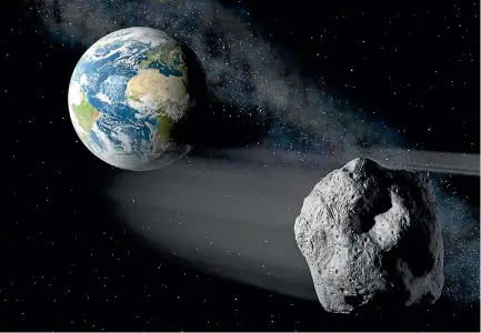  ?? IMAGE: NASA ?? An illustrati­on of a near-Earth object, or NEO, flying by Earth.