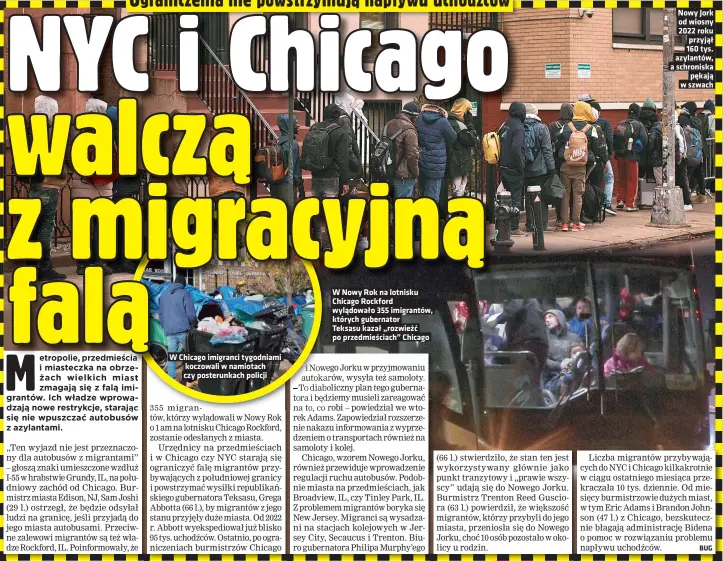  ?? ?? W Chicago imigranci tygodniami koczowali w namiotach czy posterunka­ch policji
W Nowy Rok na lotnisku Chicago Rockford wylądowało 355 imigrantów, których gubernator
Teksasu kazał „rozwieźć po przedmieśc­iach” Chicago
Nowy Jork od wiosny 2022 roku przyjął 160 tys. azylantów, a schroniska pękają w szwach