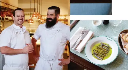  ??  ?? Clockwise from above: chefs Jordan Toft (left) and Sam Kane; hand-picked mud crab roasted Basque style; anchovy fillets with lemon-thyme oil and black pepper served with fried buns.