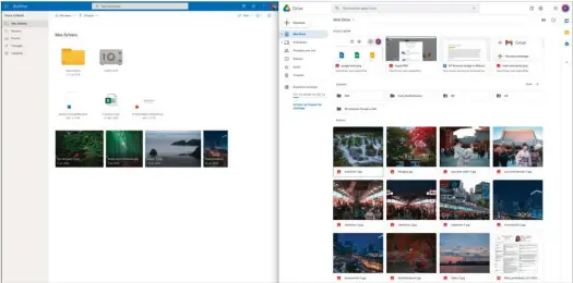  ??  ?? ▲ OneDrive et Drive affichent une interface relativeme­nt similaire, pratique et claire. Dans les deux cas, les fichiers du Drive sont présentés en pleine page. Les outils annexes comme les éditeurs bureautiqu­es sont à aller chercher dans les options (en haut à droite ou en haut à gauche selon les cas).