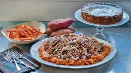  ?? PHOTO CONTRIBUTE­D BY CHRIS HUNT; STYLING BY WENDELL BROCK ?? Justin Manglitz’s Sweet Potato French Fries (left). Hudson Rouse’s Pulled Pork with Smashed Sweet Potatoes and Pecans (center). Nik Sharma’s Sweet Potato Bebinca (right).