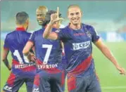  ?? ISL PHOTO ?? Gerson Vieira of ATK celebrates after scoring against FC Pune City in Kolkata on Saturday.