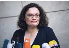  ?? FOTO: DPA ?? Andrea Nahles, bisherige SPD-Partei und Fraktionsv­orsitzende, nach ihrem Rücktritt in der außerorden­tlichen Klausurtag­ung des SPD-Vorstands.