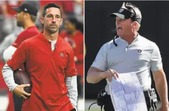  ?? Photos by Norm Hall / Getty Images and Carlos Avila Gonzalez / The Chronicle ?? Head coaches Kyle Shanahan, left, and Jon Gruden have seen their respective 2018 seasons collapse into a growing pile of losses. Their paths cross Thursday night on national TV.