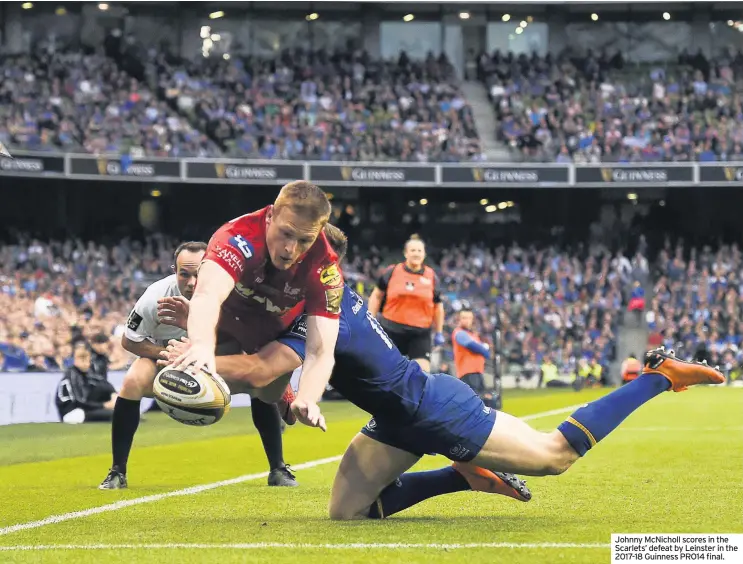  ??  ?? Johnny McNicholl scores in the Scarlets’ defeat by Leinster in the 2017-18 Guinness PRO14 final.