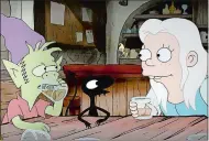  ?? NETFLIX ?? Elfo (voiced by Nat Faxon), left, Luci (Eric Andre) and Princess Bean (Abbi Jacobson) are totally at home in a medieval fantasy tavern, in Netflix’s new “Disenchant­ment” from Matt Groening and Josh Weinstein.