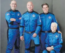  ?? BLUE ORIGIN VIA AP ?? The New Shepard’s inaugural crew, from left to right: Mark Bezos, brother of Jeff Bezos; Jeff Bezos, founder of Amazon and space tourism company Blue Origin; Dutch teenager Oliver Daemen; and Wally Funk, aviation pioneer from Texas.