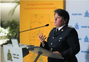  ?? CP PHOTO ?? RCMP Assistant Commission­er Jane MacLatchy speaks at a news conference in Winnipeg on Wednesday. Two bodies believed to be B.C. murder suspects who were the focus of a massive manhunt have been found in dense brush in Manitoba.