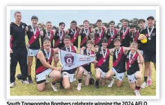  ?? ?? South Toowoomba Bombers celebrate winning the 2024 AFLQ Darling Downs under-17 boys premiershi­p.