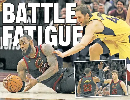  ?? Getty Images (2) ?? DOING IT ALL: LeBron James scored 45 points to go along with nine rebounds, seven assists and four steals and had time to high-five Kyle Korver (inset) in a Game 7 win over the Pacers on Sunday in Cleveland. The Cavaliers face the Raptors in the second...