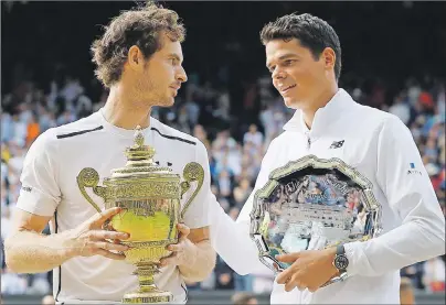  ?? AP PHOTO ?? Canadian Milos Raonic, right, congratula­tes Andy Murray of Britain after the men’s singles final Sunday at Wimbledon in London.