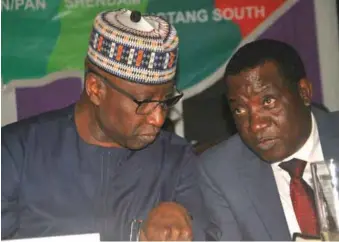  ??  ?? SGF, Boss Mustapha brainstorm­ing with Gov Lalong on way out