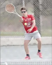  ?? Photo by Becky Polaski ?? Dutchman Dawson Krug is shown in action at second singles during Tuesday’s match against DCC.