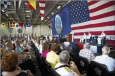  ?? U.S. NAVY PHOTO BY MASS COMMUNICAT­ION SPECIALIST 3RD CLASS DARTEZ C. WILLIAMS ?? Rear Adm. Samuel Paparo Jr., commander of Carrier Strike Group (CSG) 10, gives closing remarks in the hangar bay of the aircraft carrier USS Dwight D. Eisenhower (CVN 69)(Ike) during a change of command ceremony for CSG 10. Ike is pier side during the...