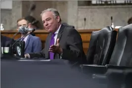  ?? MICHAEL REYNOLDS — POOL ?? Sen. Tim Kaine, D-Va., questions United States Ambassador to the United Nations nominee Linda Thomas-Greenfield during for her confirmati­on hearing Wednesday before the Senate Foreign Relations Committee on Capitol Hill in Washington.