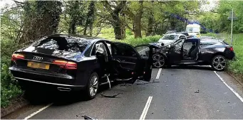  ??  ?? Wrecked: The chauffeur-driven Audi A8 car, left, collided with a hired Astra