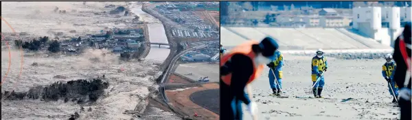  ??  ?? The tsunami sweeps ashore along Iwanuma, Miyagi prefecture.
Yesterday Rikuzentak­ata, Iwate prefecture. Policemen still search for missing persons.