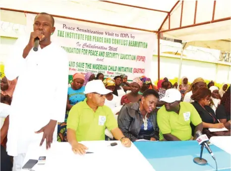  ??  ?? From left: Secretary of the IDPs in Durumi Camp Area1, Malam Bala Yusuf, Mr. Peter Opara, representi­ng Director General Institute for Peace and Conflict Resolution, Mrs. Andepu Patience representi­ng the Nigeria Security and Civil Defense Corps (NSCDC)...