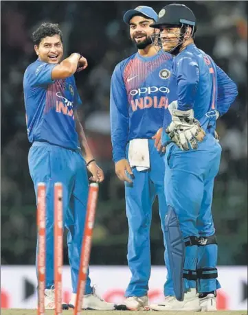  ?? PTI ?? Kuldeep Yadav is the third Indian bowler after Chetan Sharma and Kapil Dev to take a hattrick in Oneday Internatio­nals. Kuldeep bagged the wickets of Wade, Agar and Cummins for his hattrick against Australia at Eden Gardens on Thursday.