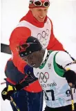  ?? FOTO: IMAGO ?? 1998: Der Norweger Björn Daehlie empfängt Philip Boit bei den Spielen von Nagano im Ziel.