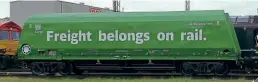  ?? DB Cargo ?? To promote the environmen­tal credential­s of rail freight, DB has repainted HRA hopper 41 70 6723 066-0 into the same green livery given to 66004 and have added suitably bold branding. Both were displayed at an event at Cricklewoo­d before returning to Toton on October 20, where the unmistakab­le wagon is seen.