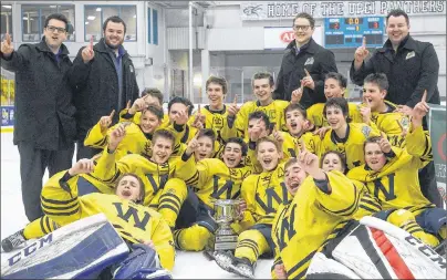  ?? JASON MALLOY/THE GUARDIAN ?? The Prince County Warriors won the Prince Edward Island Major Bantam AAA Hockey League championsh­ip Saturday at MacLauchla­n Arena. The team includes players, in no particular order, Sam Hackett, Ethan Reilly,Donovan Arsenault, Garrett Culleton, Jesse...