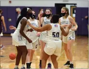  ?? OWEN MCCUE - MEDIANEWS GROUP ?? From left, Phoenixvil­le’s Nailah Green, Sammy Brown, Aubrie Breisblatt, Gianna Thaxton and Dylan McAleer celebrate a win over Pottsgrove earlier this season.