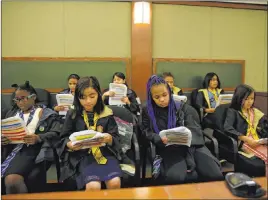  ?? Erik Verduzco Las Vegas Review-journal @Erik_verduzco ?? Fourth-graders from Hickey Elementary School participat­e in a mock trial Friday at the Regional Justice Center. The trial put Harry Potter on trial for misuse of magic, and he was found not guilty.