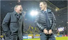  ??  ?? Konnten 2016 noch zusammen lachen: Hans-Joachim Watzke (li.) und Thomas Tuchel. Heute sagt Watzke: Es „kommt ja nicht Jürgen Klopp zurück“. FOTO: BERND THISSEN/DPA